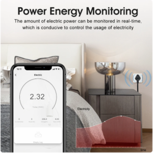 Zigbee smart plug with energy monitoring in a South African 3-pin wall socket, showing real-time electricity usage on a smartphone app, ideal for home automation, power monitoring, and reducing energy consumption in smart homes