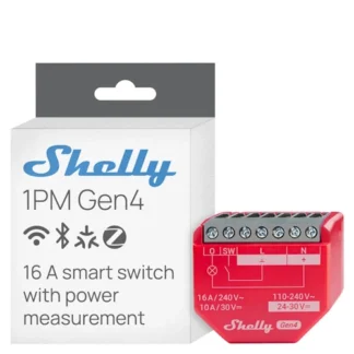 Shelly 1PM Gen4 red multiprotocol 16A smart switch with power monitoring front view