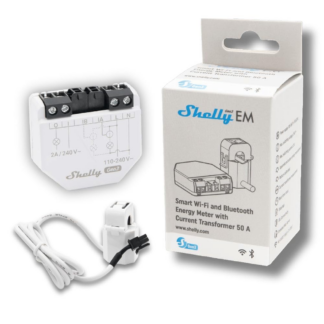 Shelly EM Gen3 50A CT smart WiFi energy meter with current transformer clamp and packaging
