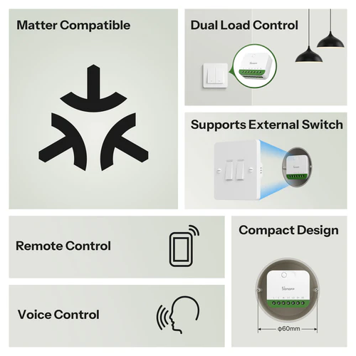 SONOFF MINI DUO 2-Gang Matter WiFi Smart Switch MINI-2GS compact dual channel module
