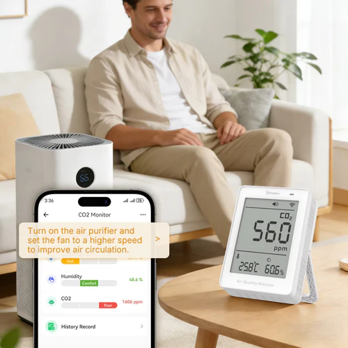 SONOFF AirGuard CO2 Matter WiFi Air Quality Monitor SAWF-08P with LCD display showing CO2 temperature humidity