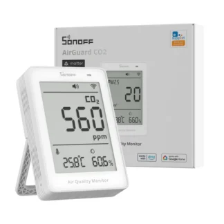 SONOFF AirGuard CO₂ Matter WiFi Air Quality Monitor SAWF-08P with LCD display showing CO2 temperature humidity