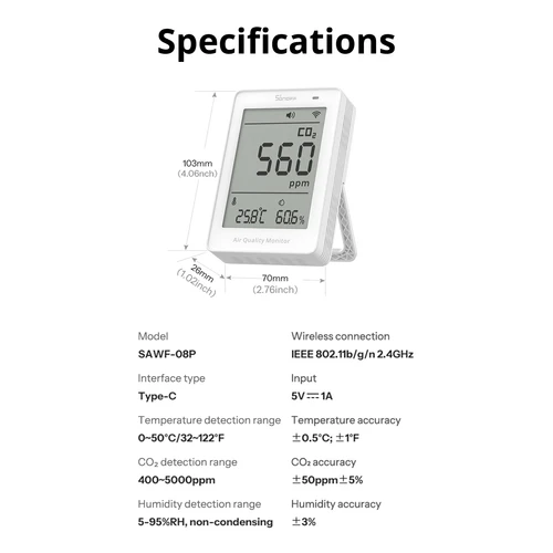 SONOFF AirGuard CO2 Matter WiFi Air Quality Monitor SAWF-08P with LCD display showing CO2 temperature humidity