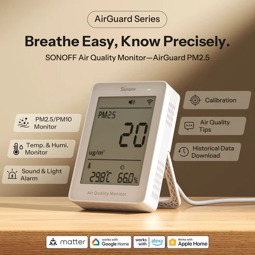 SONOFF AirGuard PM2.5 PM10 Matter WiFi Air Quality Monitor SAWF-07P LCD display