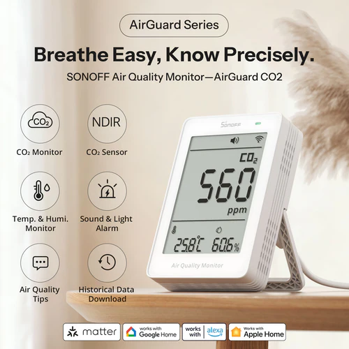 SONOFF AirGuard CO2 Matter WiFi Air Quality Monitor SAWF-08P with LCD display showing CO2 temperature humidity