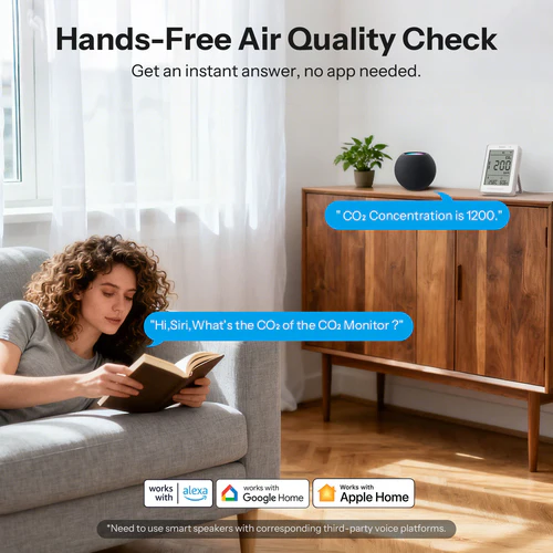 SONOFF AirGuard CO2 Matter WiFi Air Quality Monitor SAWF-08P with LCD display showing CO2 temperature humidity