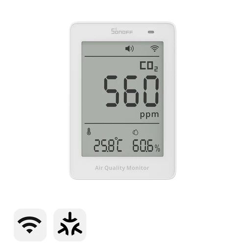 SONOFF AirGuard CO2 Matter WiFi Air Quality Monitor SAWF-08P with LCD display showing CO2 temperature humidity