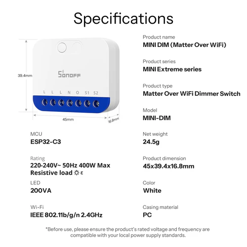 SONOFF MINI-DIM Matter Wi-Fi Smart Dimmer Switch for LED and incandescent lights
