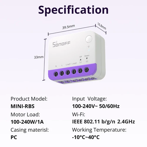 SONOFF MINI-RBS Smart Roller Shutter Switch for motorized curtains and blinds with percentage control