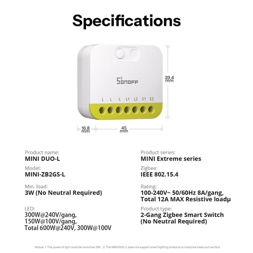 SONOFF MINI DUO-L 2-Gang Zigbee Smart Switch No Neutral MINI-ZB2GS-L dual load relay