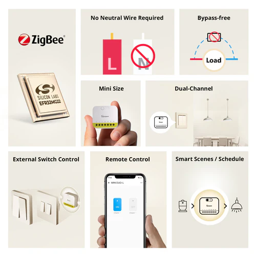 SONOFF MINI DUO-L 2-Gang Zigbee Smart Switch No Neutral MINI-ZB2GS-L dual load relay