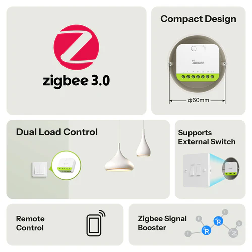 SONOFF MINI DUO 2-Gang Zigbee Smart Switch MINI-ZB2GS dual load relay for smart lighting