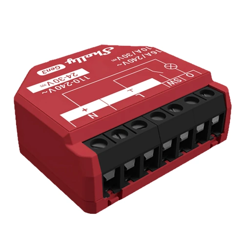 Shelly 1PM Gen3 red 16A smart switch with power monitoring front view