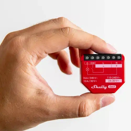 Shelly 1PM Gen3 red 16A smart switch with power monitoring front view