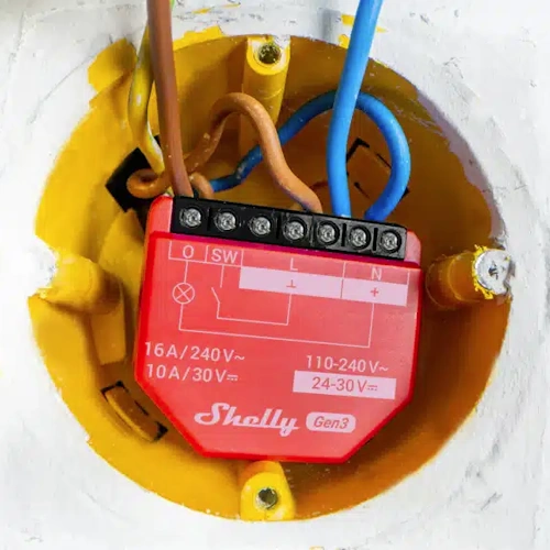Shelly 1PM Gen3 red 16A smart switch with power monitoring front view