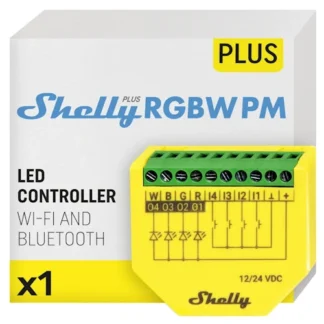 Shelly Plus RGBW PM yellow smart LED controller for RGBW strips front view
