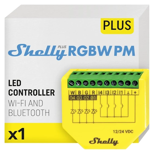 Shelly Plus RGBW PM yellow smart LED controller for RGBW strips front view
