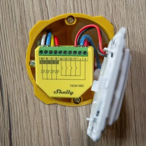 Shelly Plus RGBW PM yellow smart LED controller for RGBW strips front view