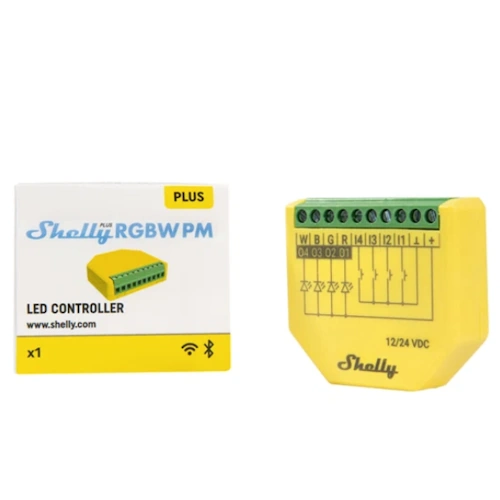 Shelly Plus RGBW PM yellow smart LED controller for RGBW strips front view