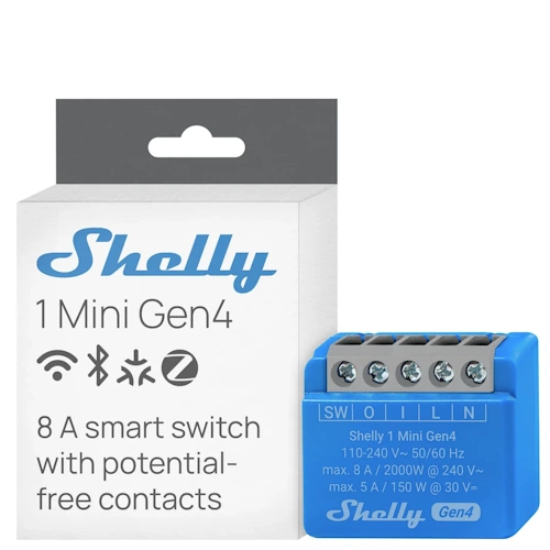 Shelly 1 Mini Gen4 small multiprotocol smart relay module showing terminals