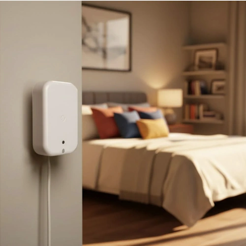 Shelly Presence Gen4 White mmWave presence sensor front view with stand
