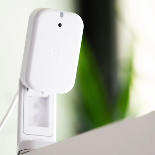 Shelly Presence Gen4 White mmWave presence sensor front view with stand