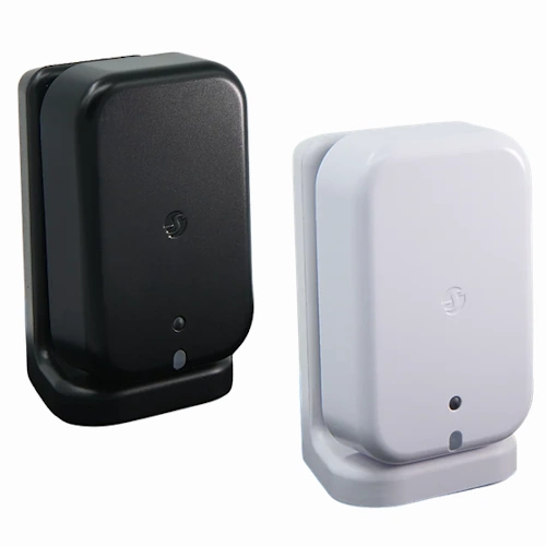 Shelly Presence Gen4 White and black mmWave presence sensor front view with stand